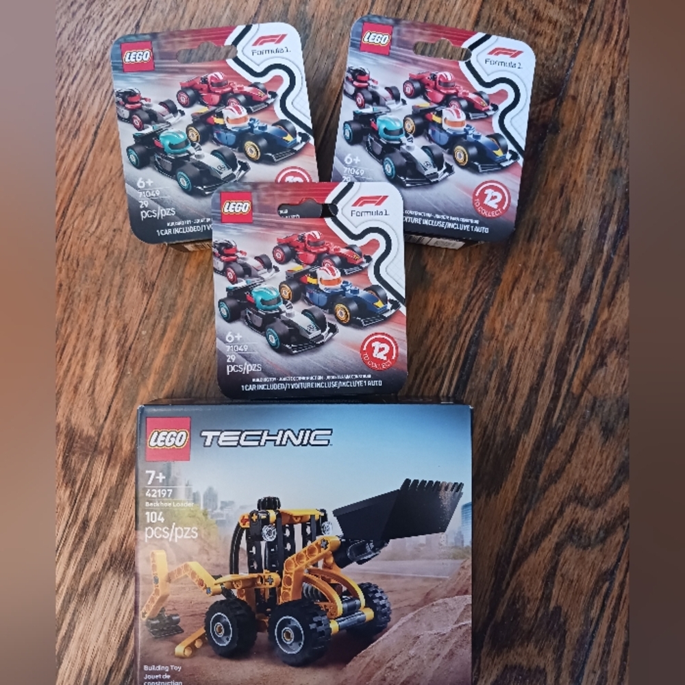 LEGO Lot: Backhoe Loader #42197 Technic + 3- Formula 1 Car Blind Boxes, New